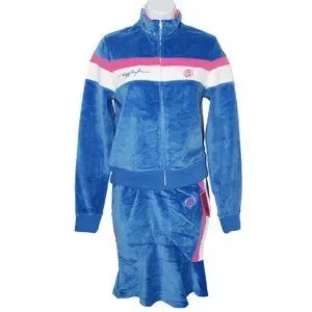 Ruff Ryder's Blue and Pink Women's Velour Track Jacket and Skirt Set NewWithTags